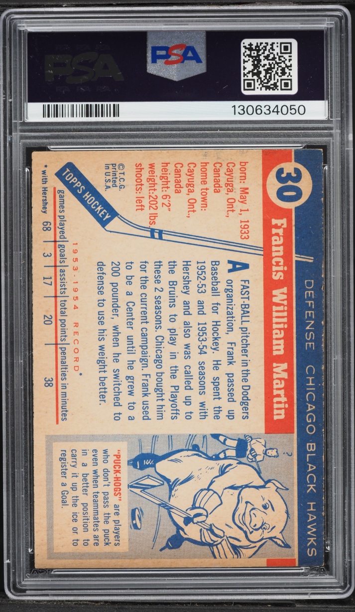 1954 Topps Hockey Frank Martin #30 PSA 5 EX
