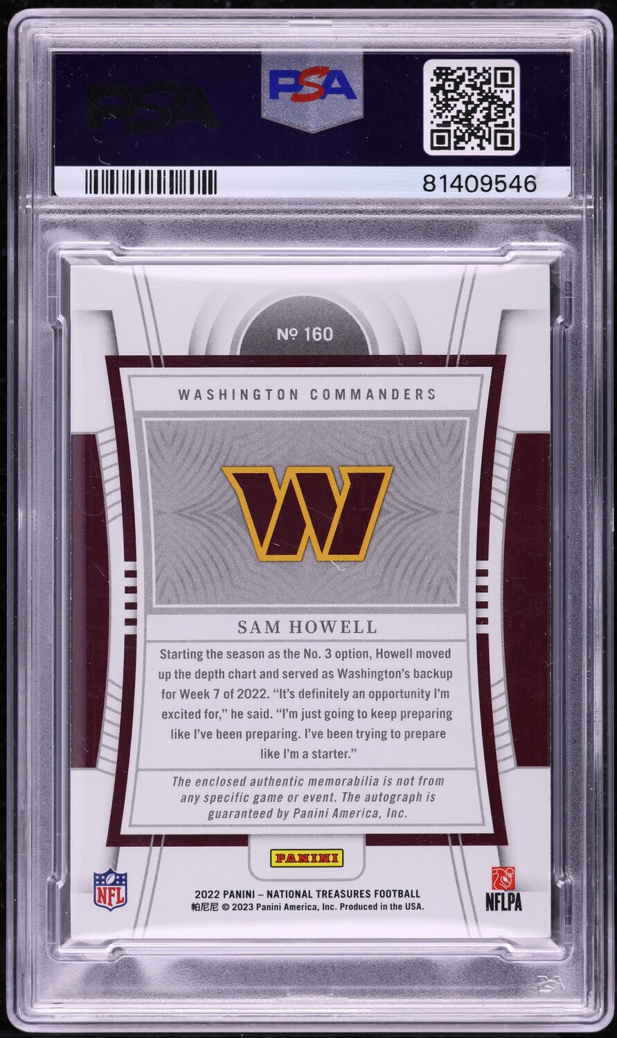 2022 National Treasures S & S Blue Sam Howell ROOKIE PATCH AUTO /10 #160 PSA 8