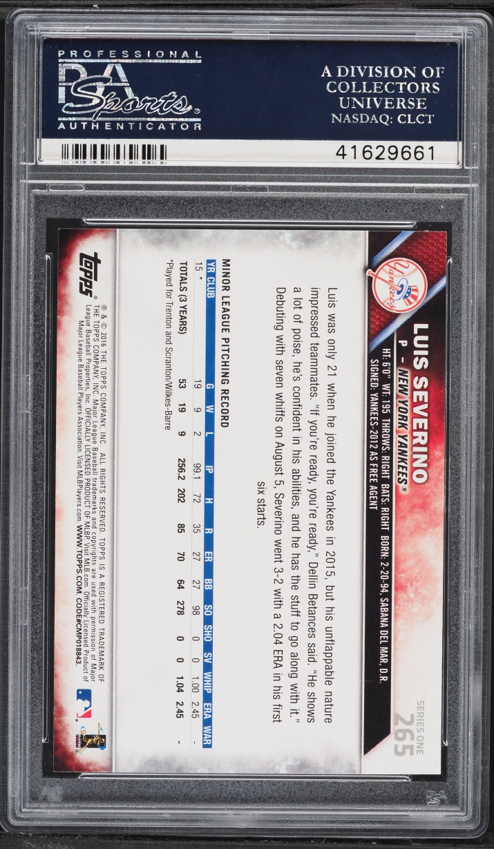 2016 Topps Gray Uniform Luis Severino ROOKIE #265 PSA 10 GEM MINT