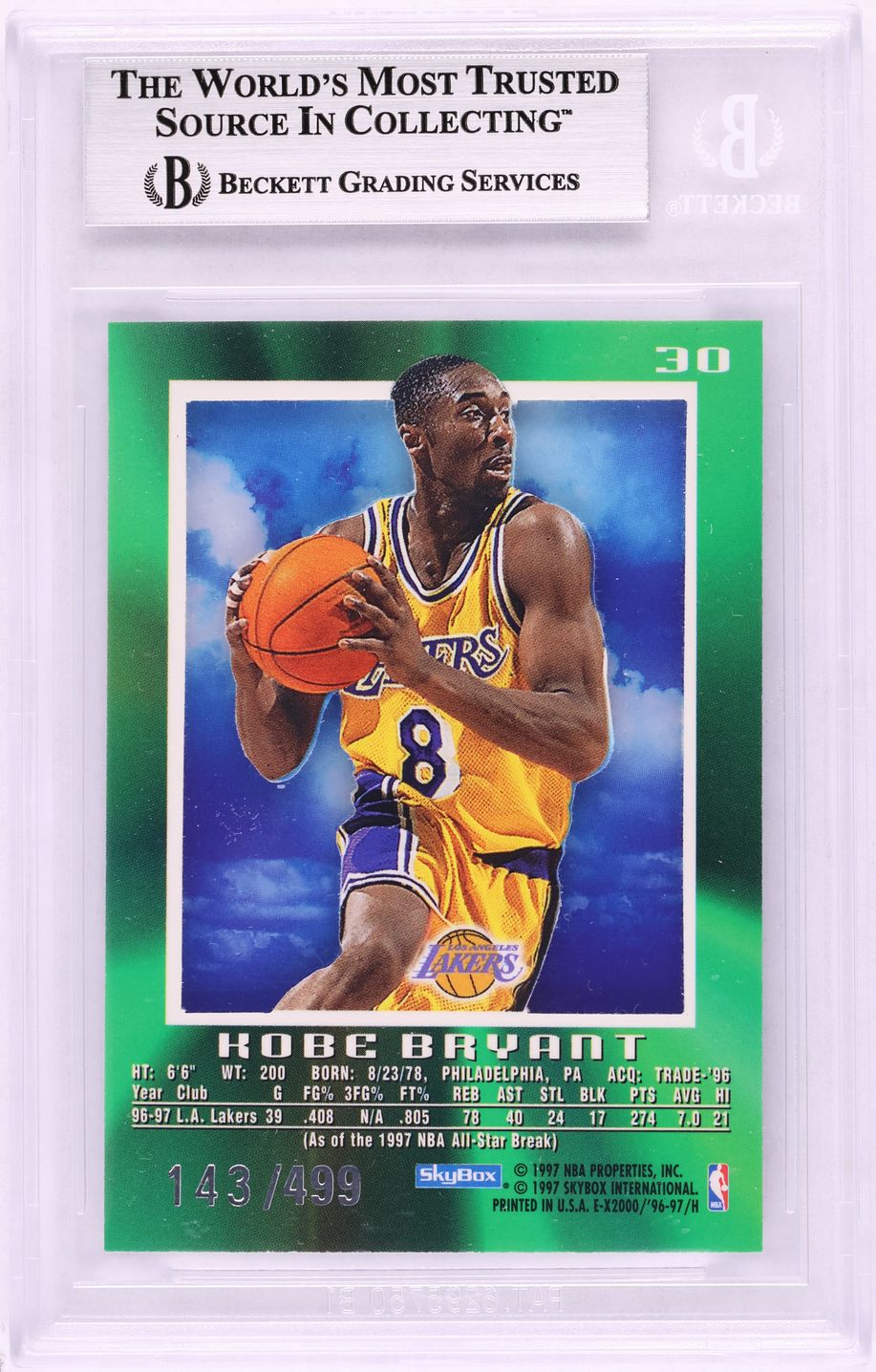 1996 Skybox E-X2000 Credentials Kobe Bryant ROOKIE /499 #30 BGS 9 MINT
