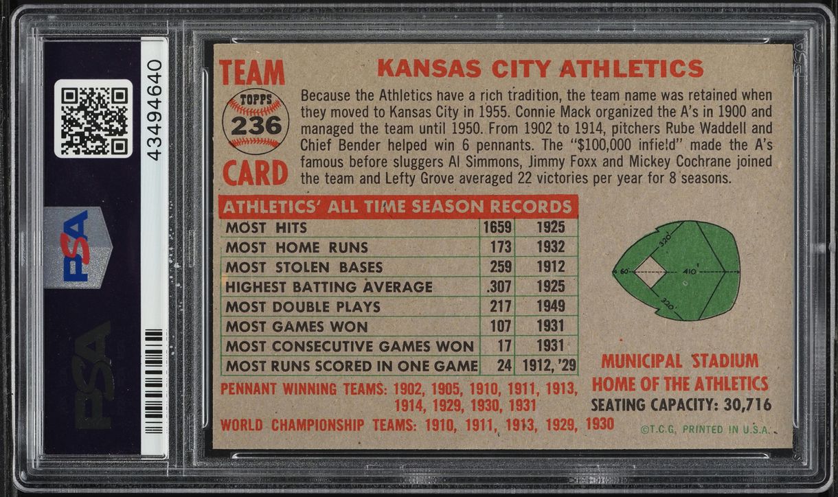 1956 Topps Athletics Team #236 PSA 6 EXMT