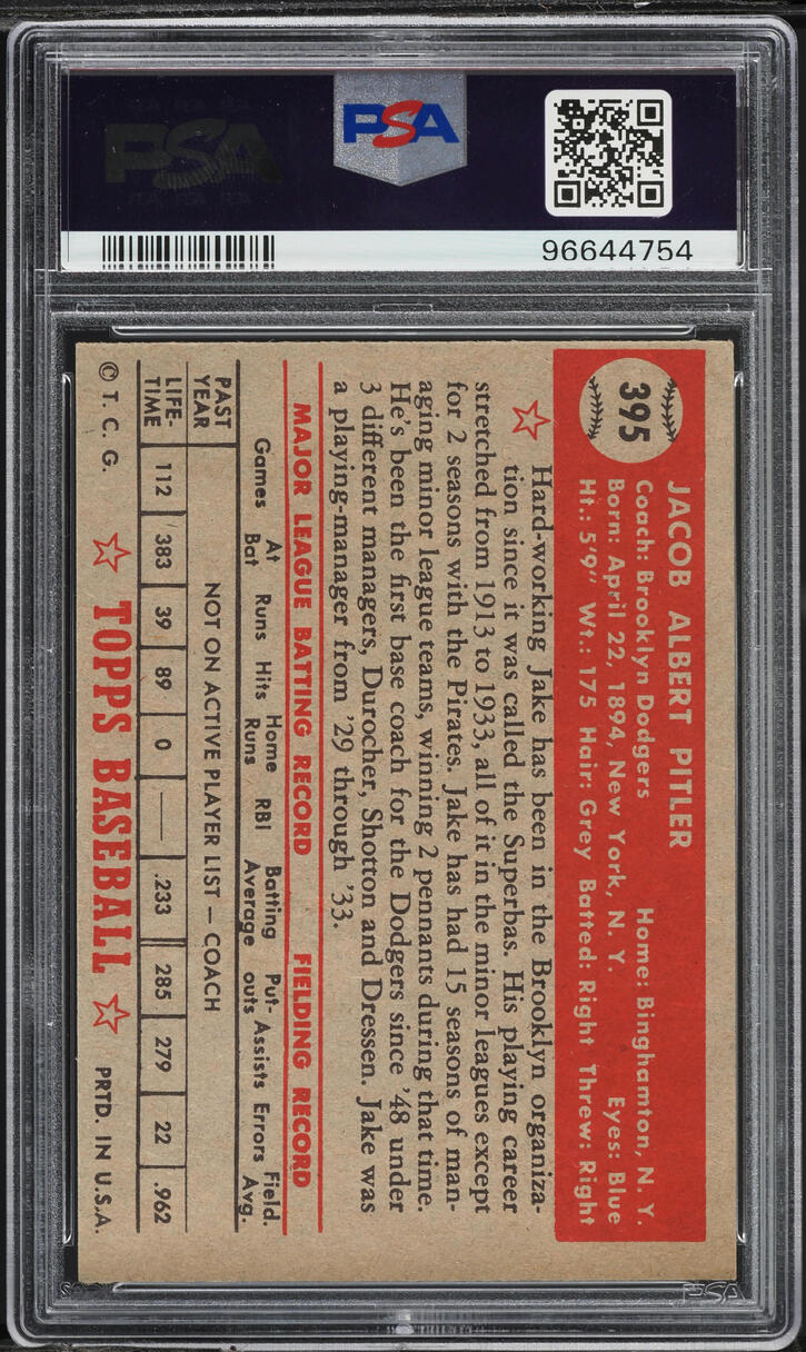 1952 Topps Jake Pitler #395 PSA 7 NRMT