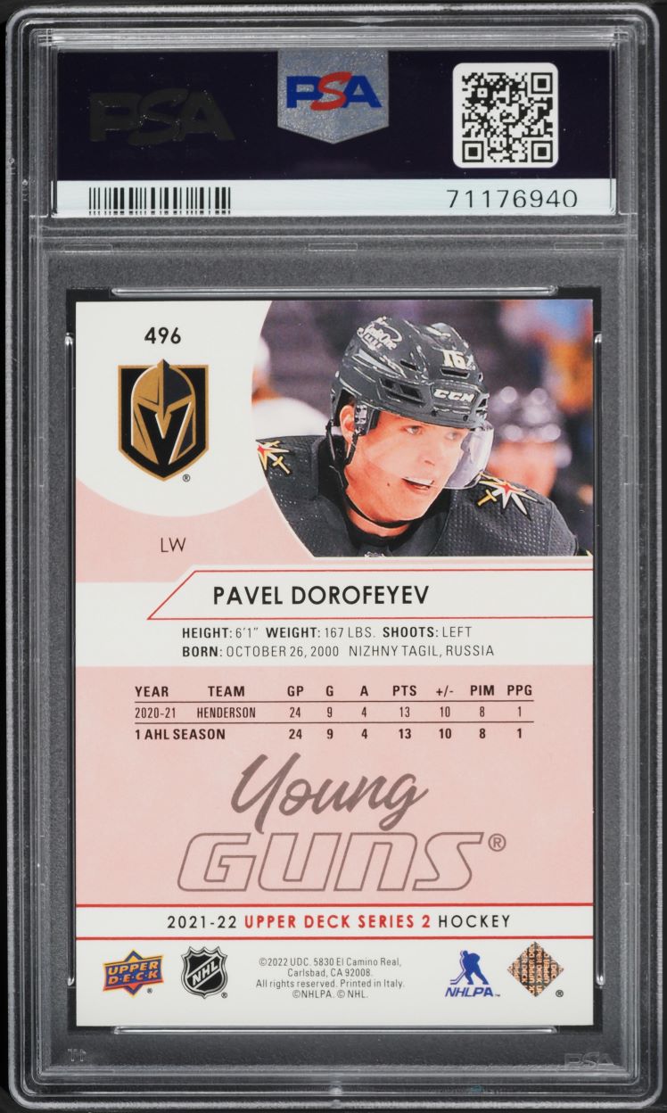 2021 Upper Deck Exclusives Young Guns Pavel Dorofeyev ROOKIE /100 #496 PSA 8