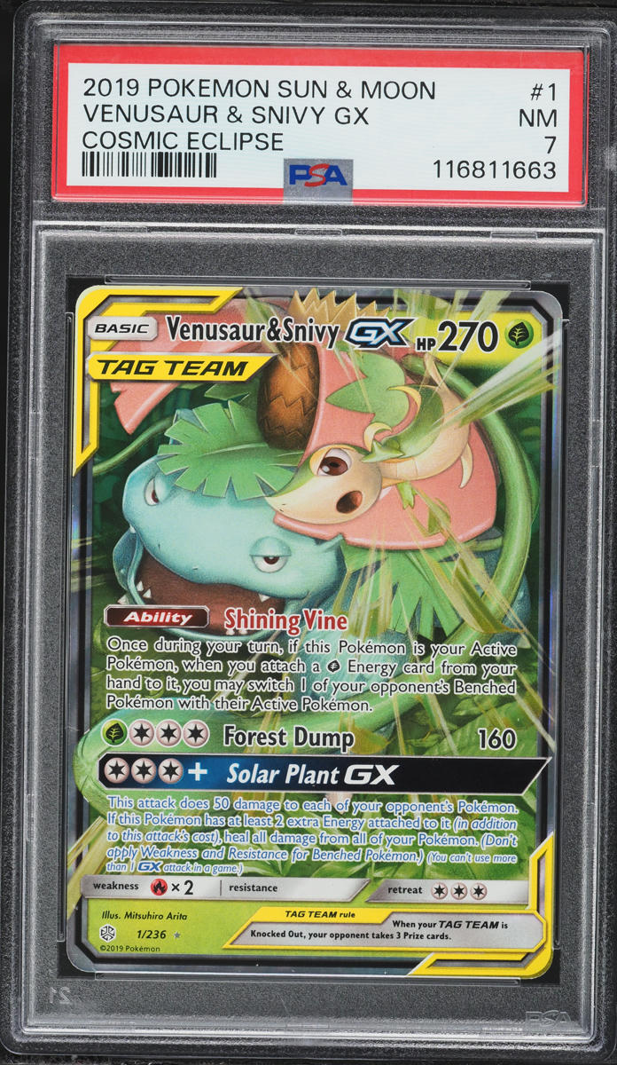 2019 Pokemon Sun & Moon Cosmic Eclipse Venusaur & Snivy GX #1 PSA 7 NRMT