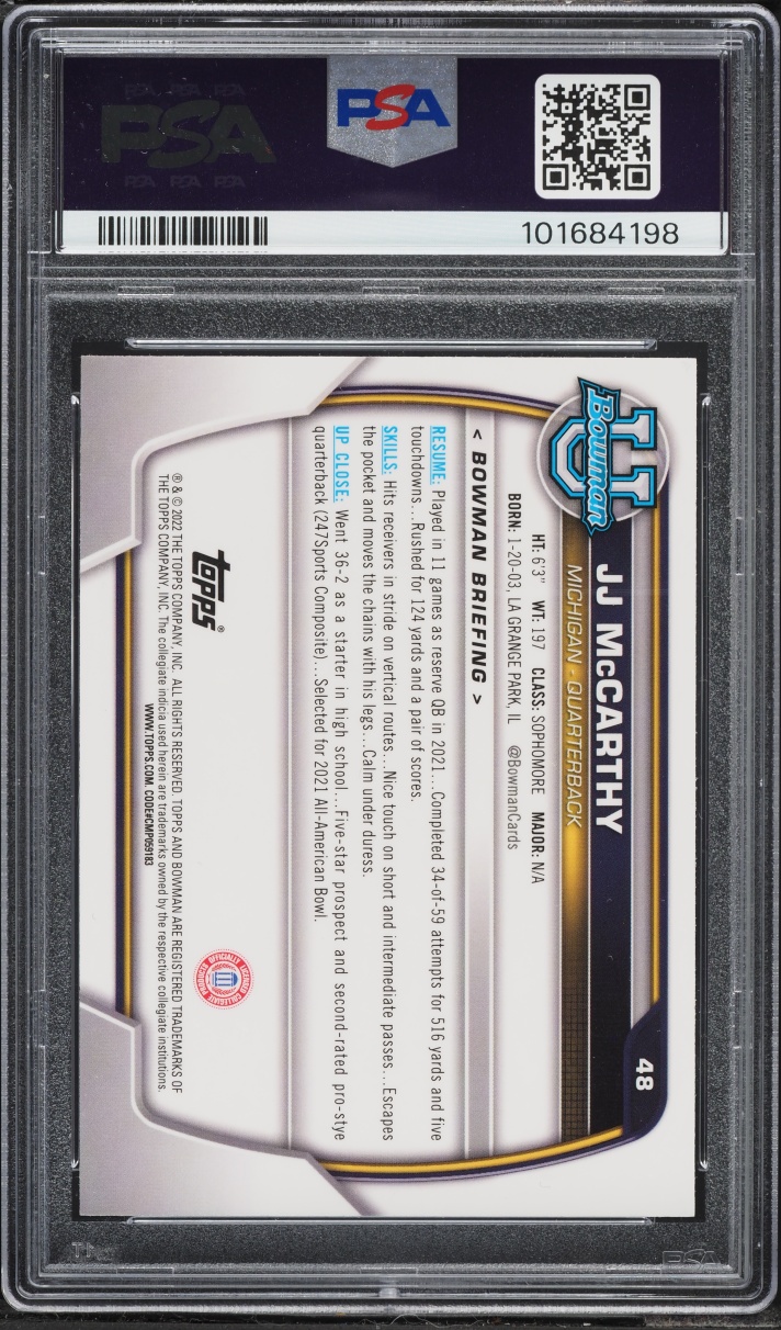 2022 Bowman Chrome University Pink Refractor JJ McCarthy ROOKIE #48 PSA 9 MINT