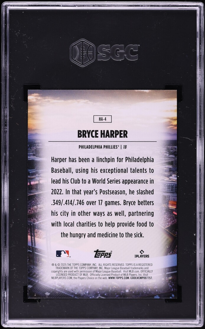 2025 Topps Home Field Advantage Bryce Harper #HA-4 SGC 10 GEM MINT