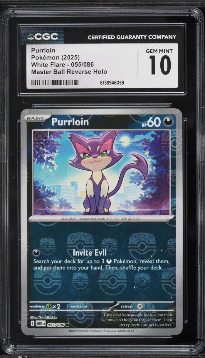 2025 Pokemon SV White Flare Master Ball Reverse Holo Purrloin #55 CGC 10 GEM MINT