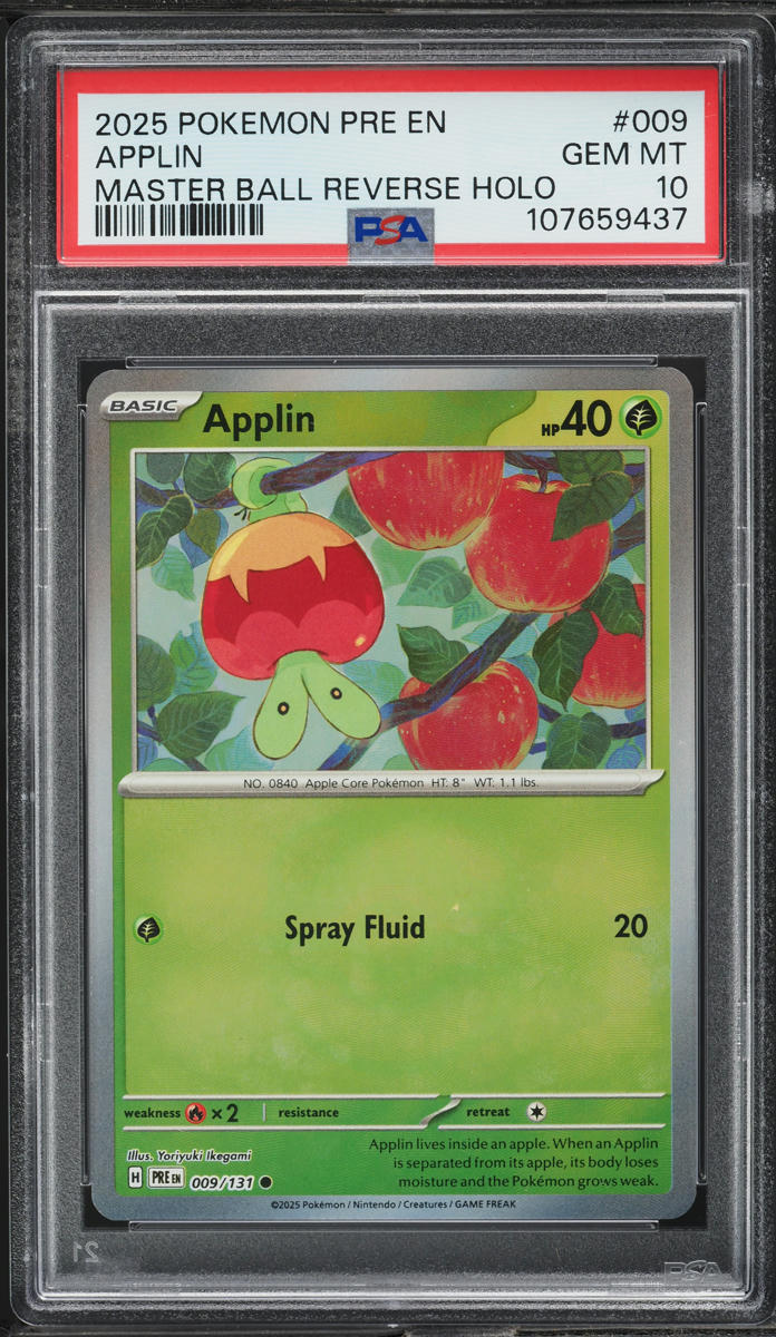 2025 Pokemon SV Prismatic Evolutions Master Ball Holo Applin #9 PSA 10 GEM MINT