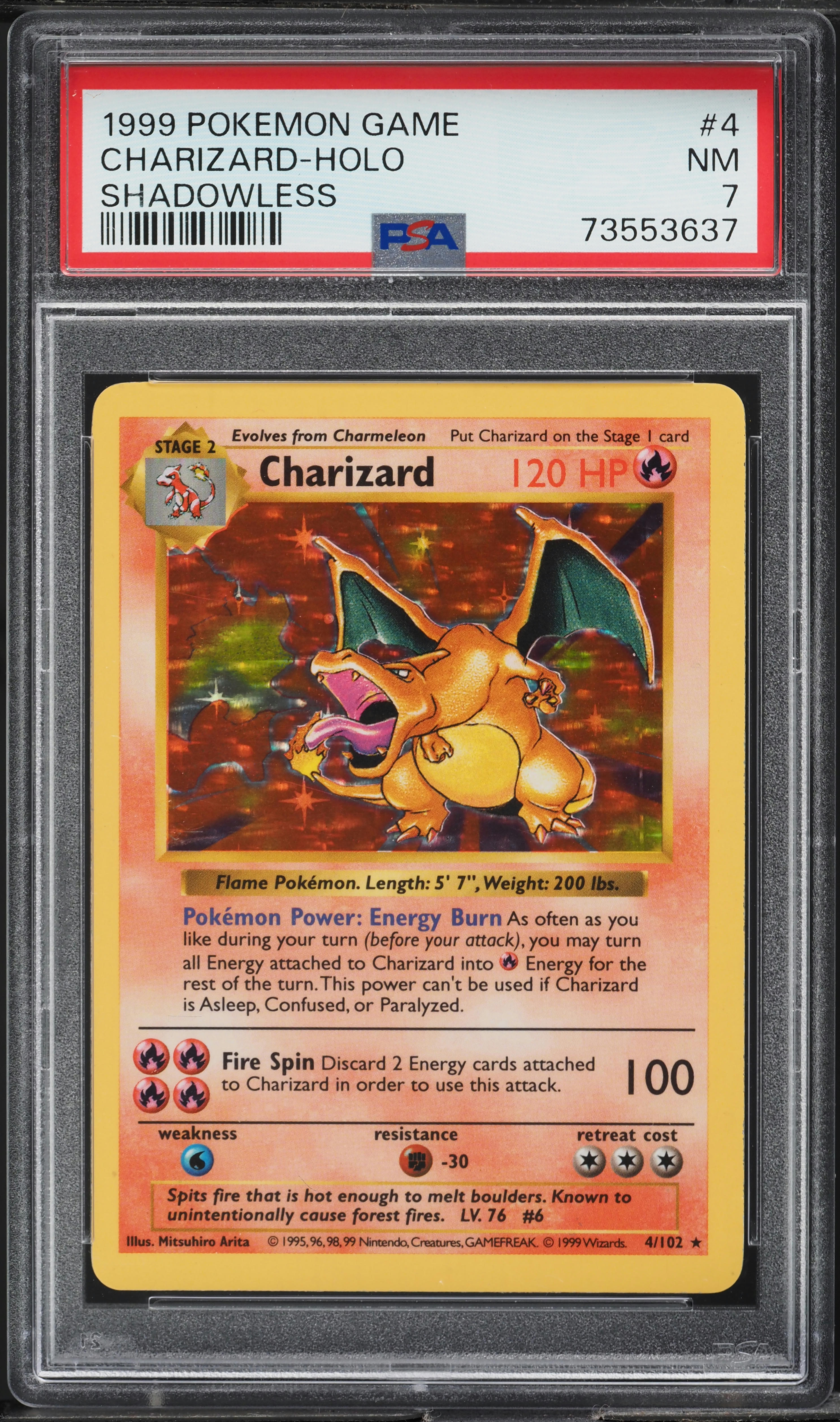 1999 Pokemon Base Set Shadowless Holo Charizard #4 PSA 7 NRMT