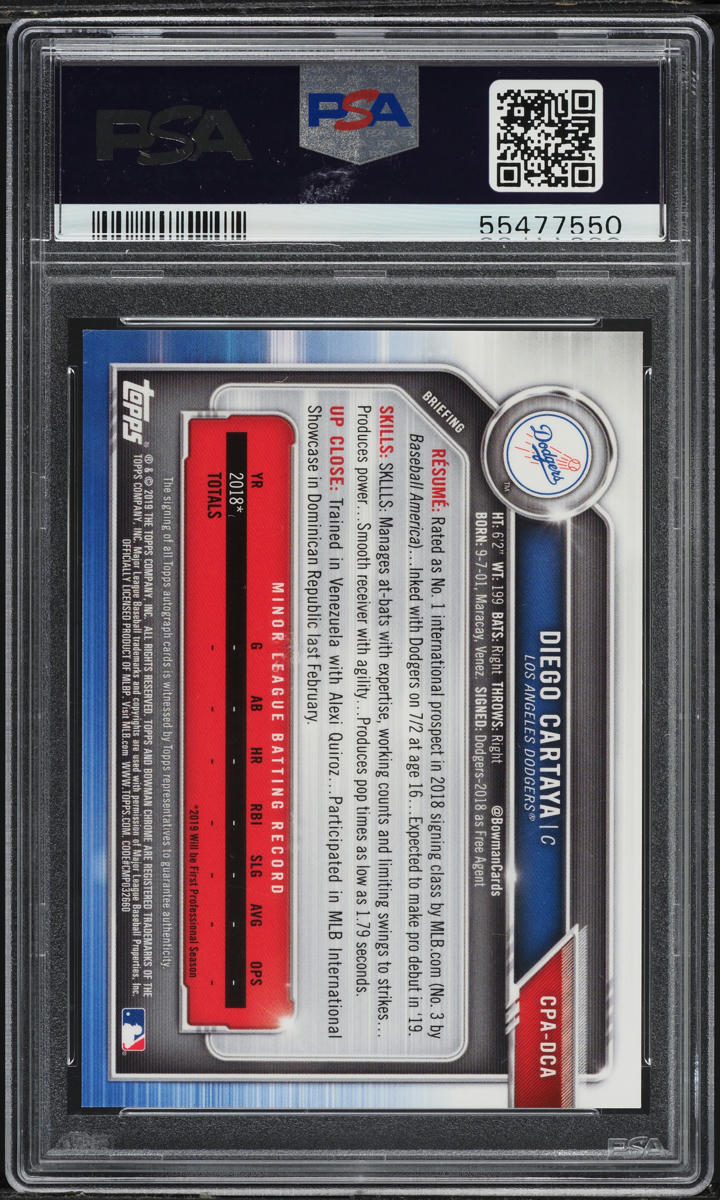 2019 Bowman Chrome Diego Cartaya PROSPECT AUTO #CPA-DCA PSA 10 GEM MINT