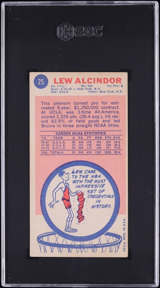 1969 Topps Basketball Lew Alcindor ROOKIE #25 SGC 2.5 GD+