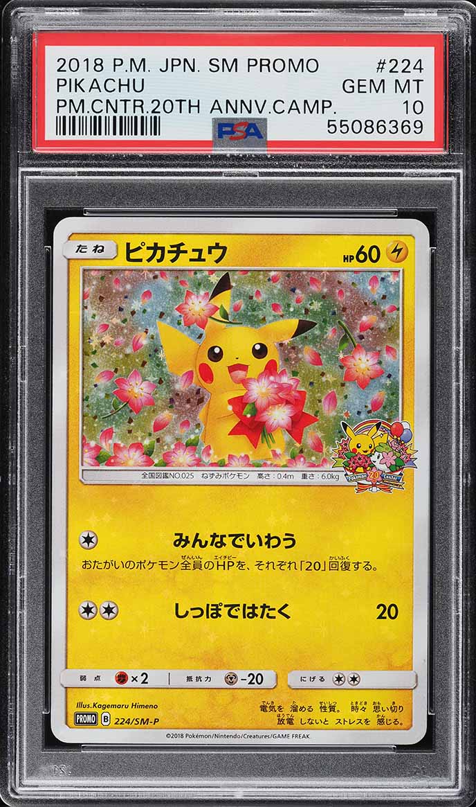 2018 Pokemon Japanese Sun & Moon Promo 20th Anniversary Camp Pikachu #224 PSA 10 GEM MINT