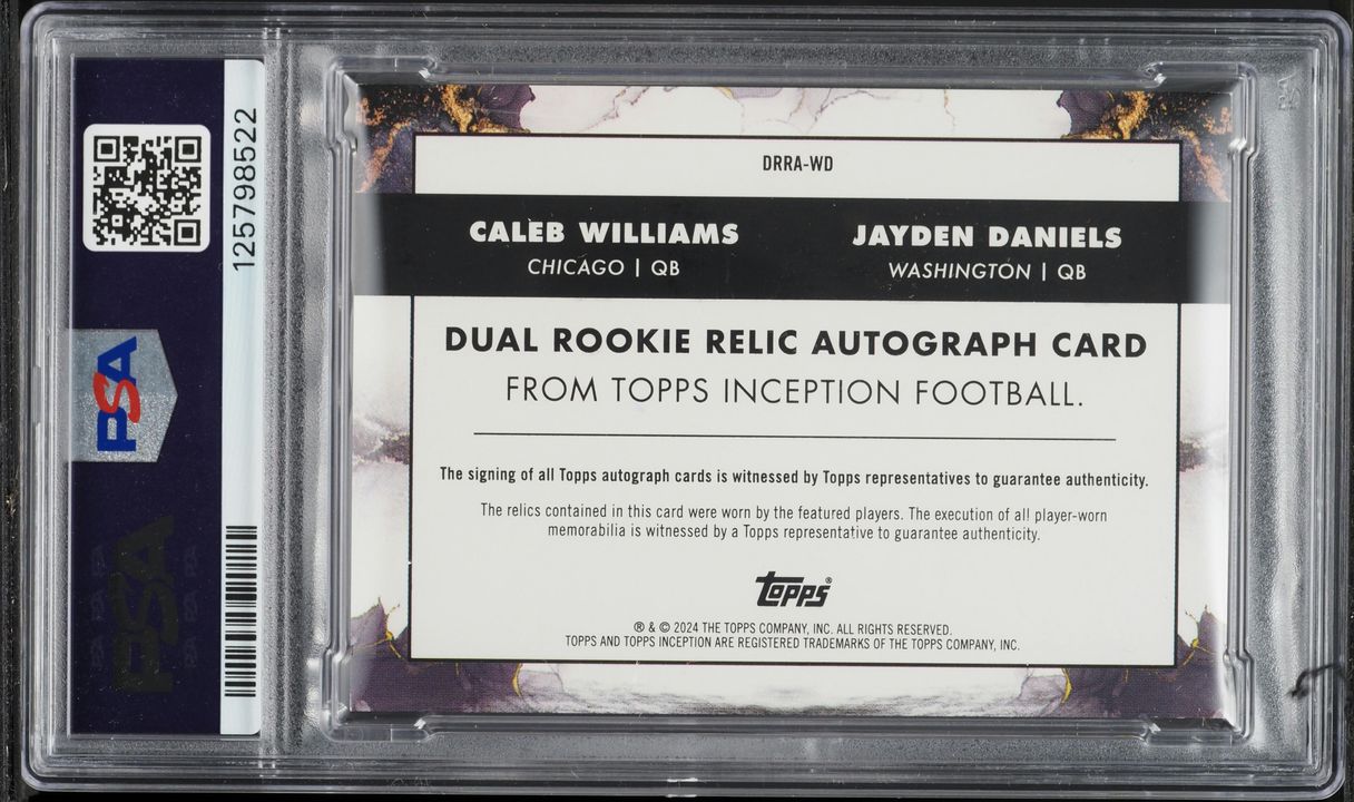 2024 Topps Inception Dual Red Caleb Williams & Jayden Daniels ROOKIE PATCH AUTO /75 PSA 8 NM-MT