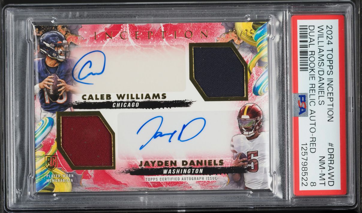 2024 Topps Inception Dual Red Caleb Williams & Jayden Daniels ROOKIE PATCH AUTO /75 PSA 8 NM-MT