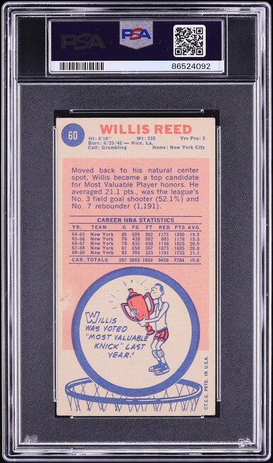 1969 Topps Basketball Willis Reed ROOKIE #60 PSA 2 GD