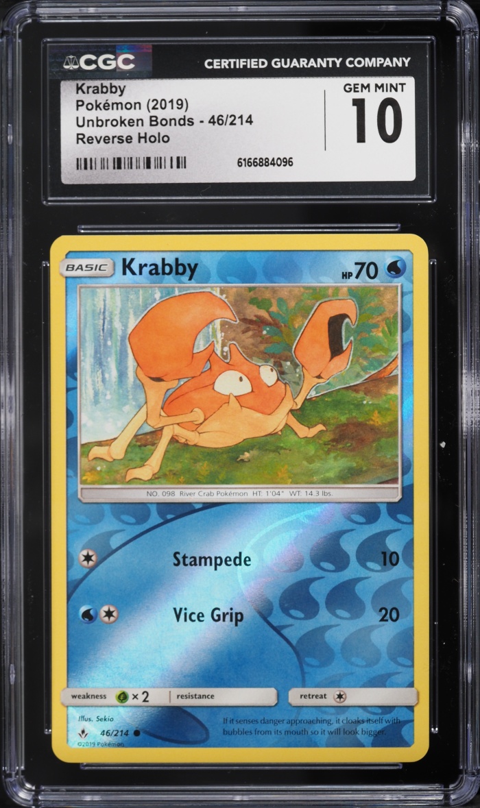 2019 Pokemon Sun & Moon Unbroken Bonds Reverse Holo Krabby #46 CGC 10 GEM MINT