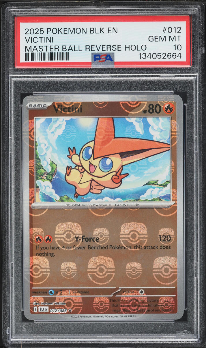 2025 Pokemon Black Bolt Master Ball Reverse Holo Victini #012 PSA 10 GEM MINT