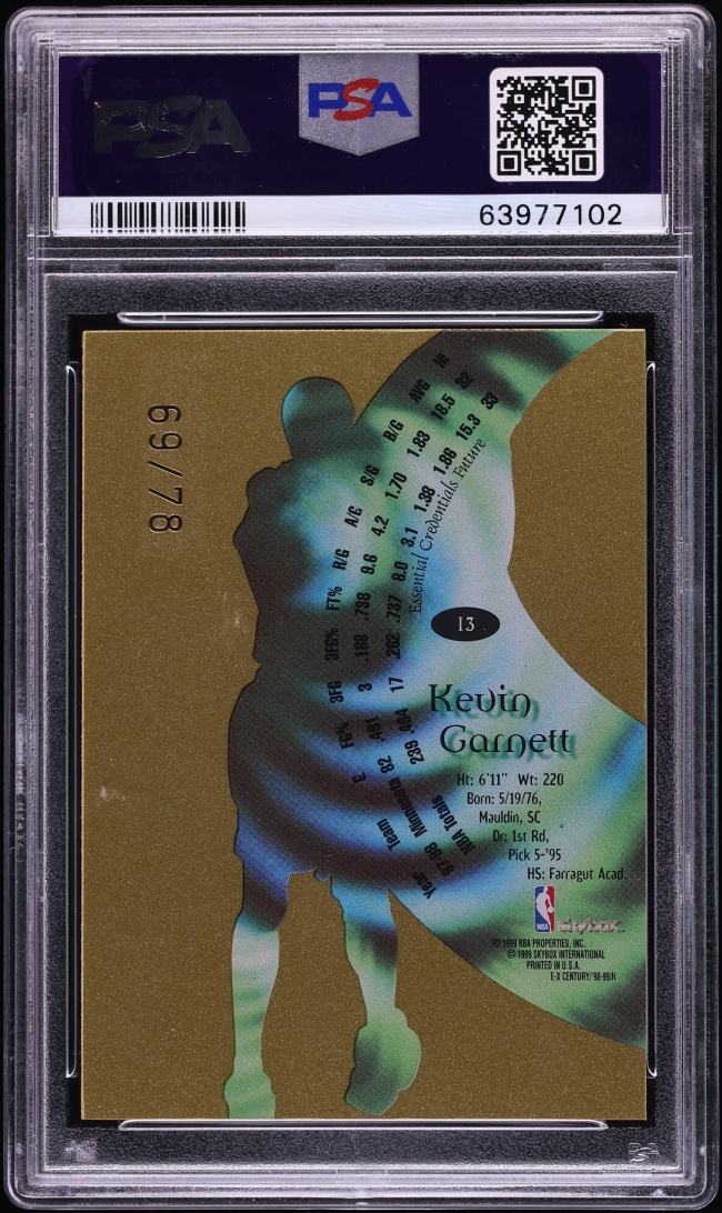 1998 Skybox E-X Century Essential Credentials Future Kevin Garnett /78 #13 PSA 9 MINT - Photo 2