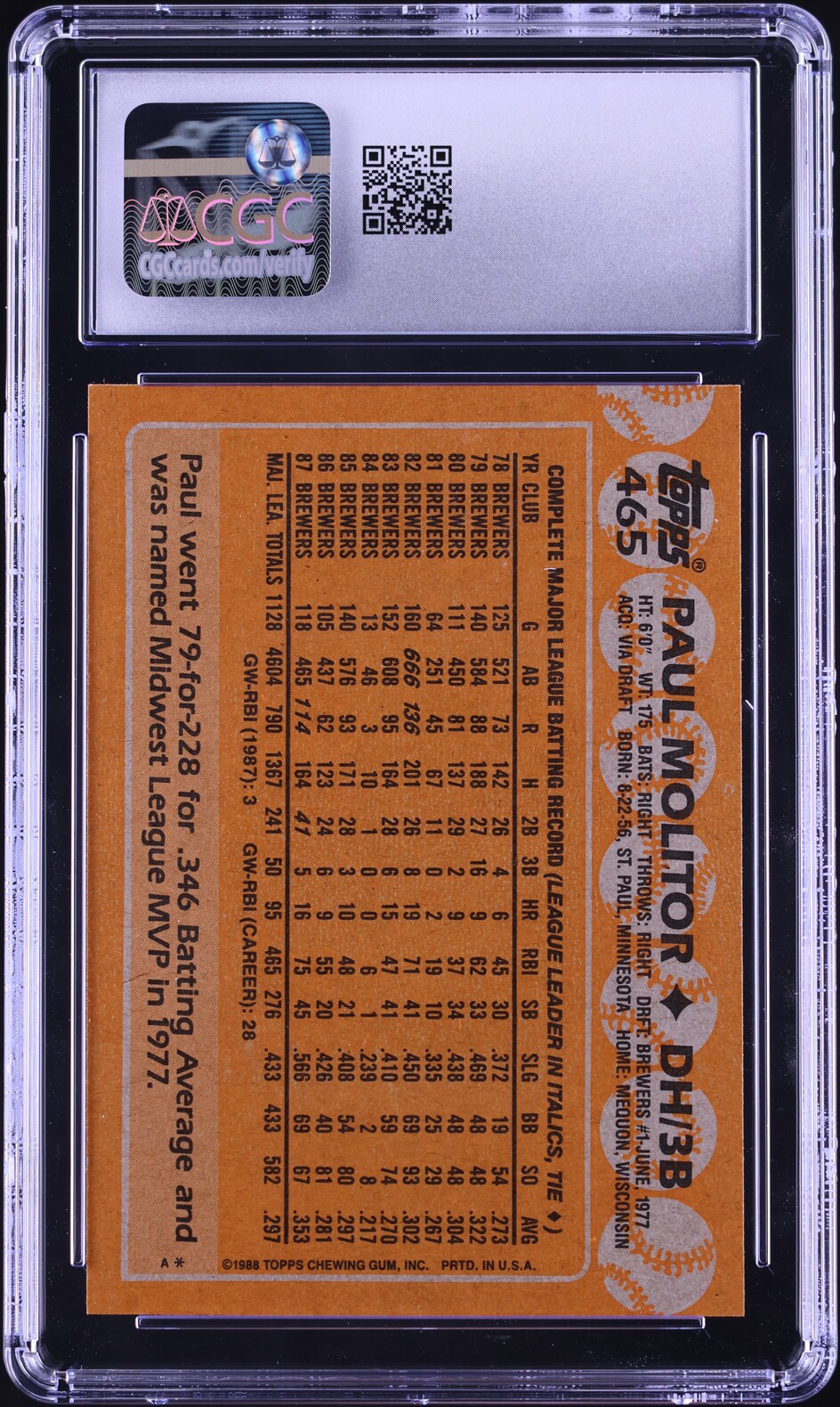 1988 Topps Paul Molitor #465 CGC 9.5 MINT+