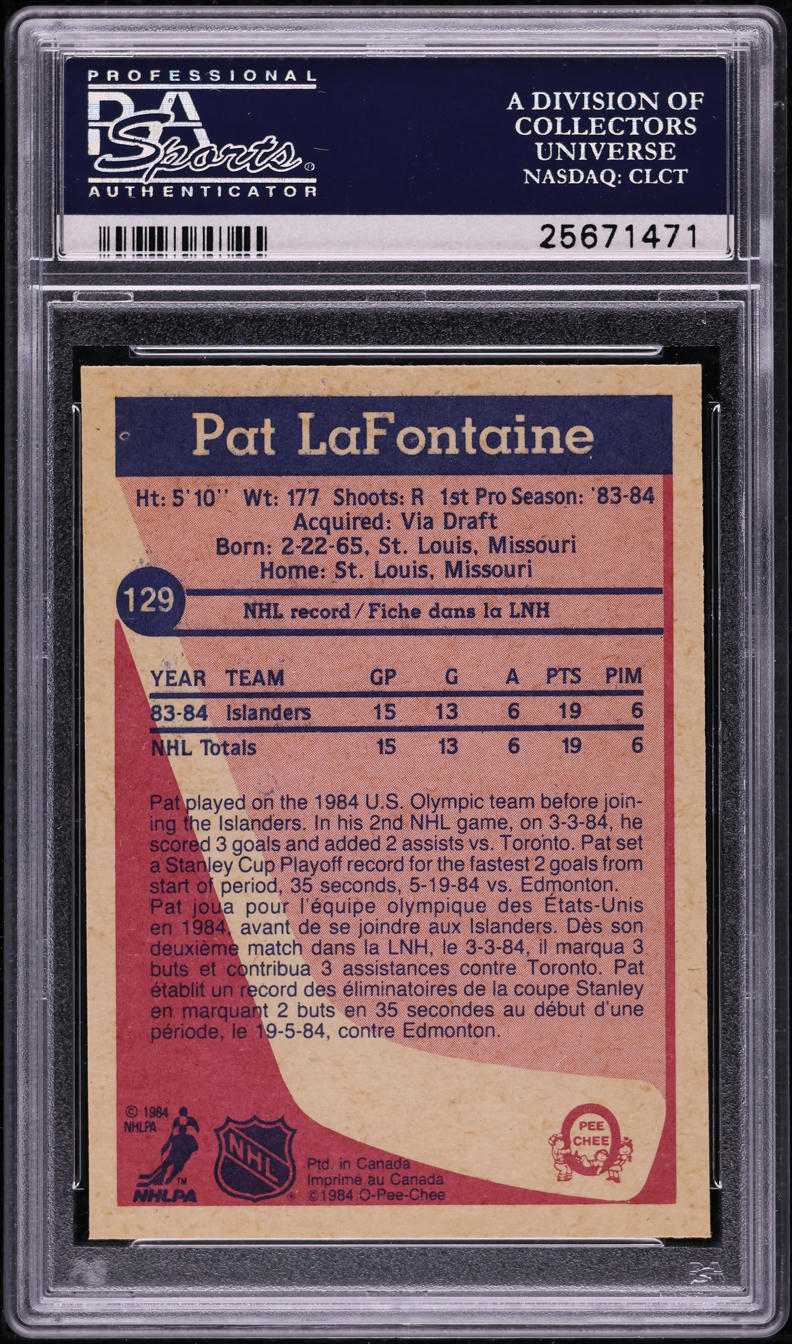 1984 O-Pee-Chee Hockey Pat LaFontaine ROOKIE #129 PSA 9 MINT