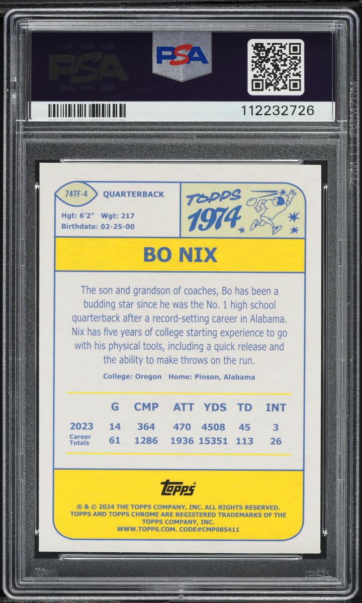 2024 Topps Chrome '74 Bo Nix ROOKIE #74TF-4 PSA 9 MINT