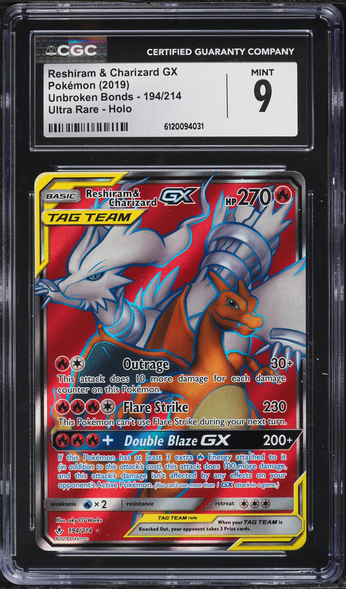 2019 Pokemon Sun & Moon Unbroken Bonds Full Art Reshiram & Charizard GX #194 CGC 9 MINT