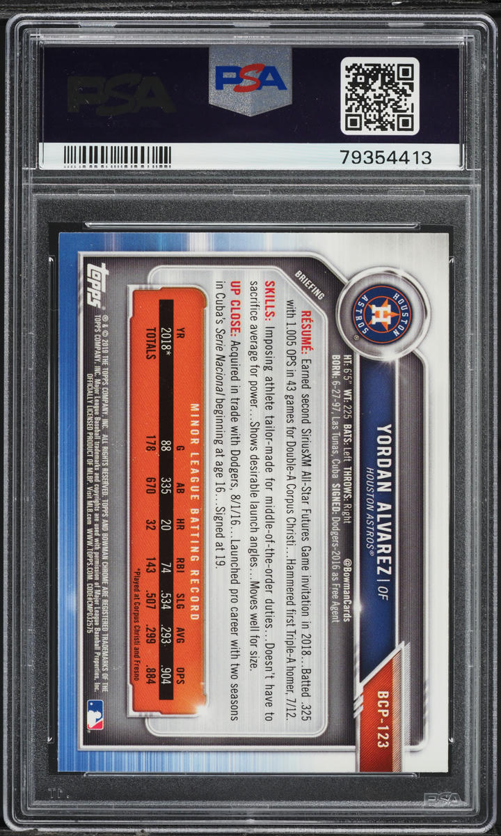 2019 Bowman Chrome Yordan Alvarez PROSPECT #BCP-123 PSA 10 GEM MINT