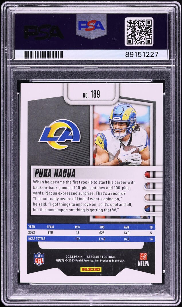 2023 Absolute Football Puka Nacua ROOKIE #189 PSA 10 GEM MINT