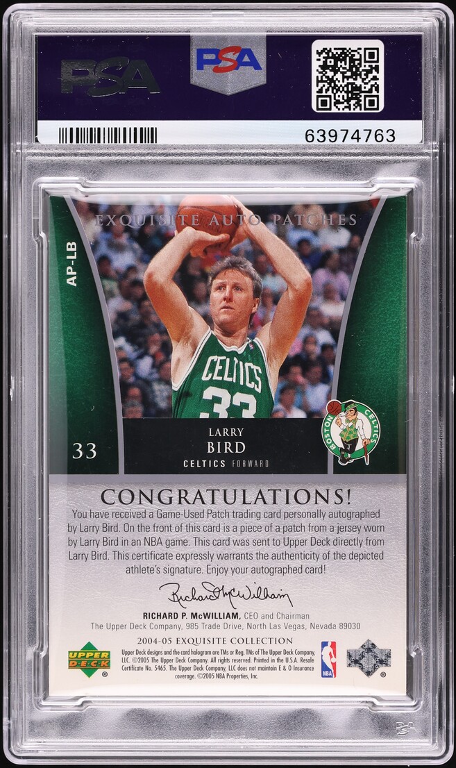 2004 Exquisite Collection Larry Bird PATCH AUTO /100 #AP-LB PSA 10 GEM MINT - Photo 2