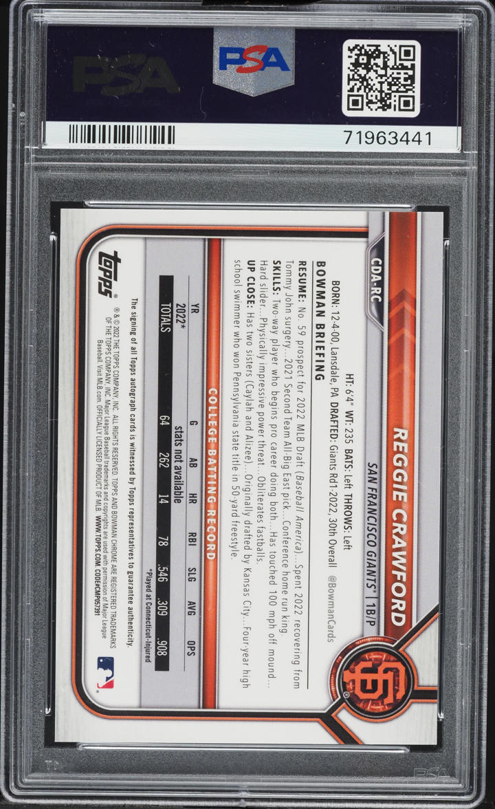2022 Bowman Chrome Blue Refractor Reggie Crawford PROSPECT AUTO /150 #CDARC PSA 10 GEM MINT
