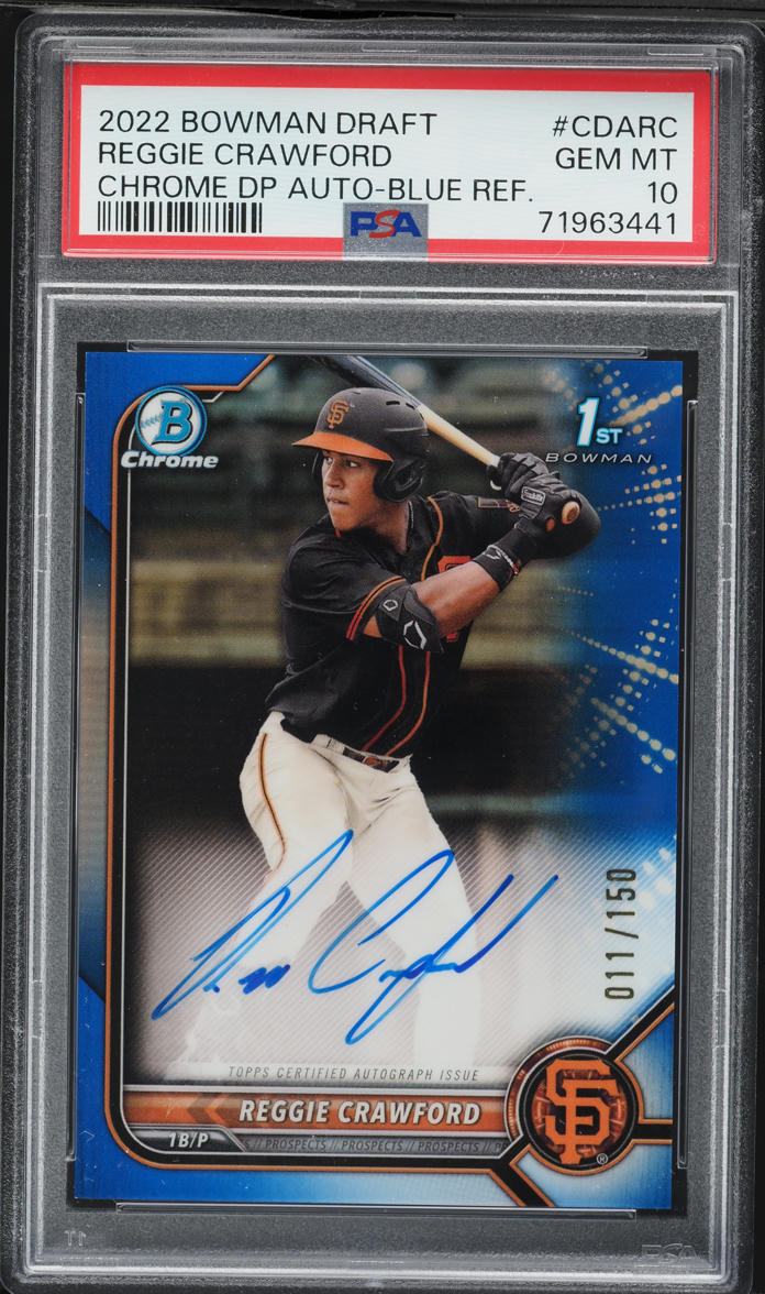 2022 Bowman Chrome Blue Refractor Reggie Crawford PROSPECT AUTO /150 #CDARC PSA 10 GEM MINT