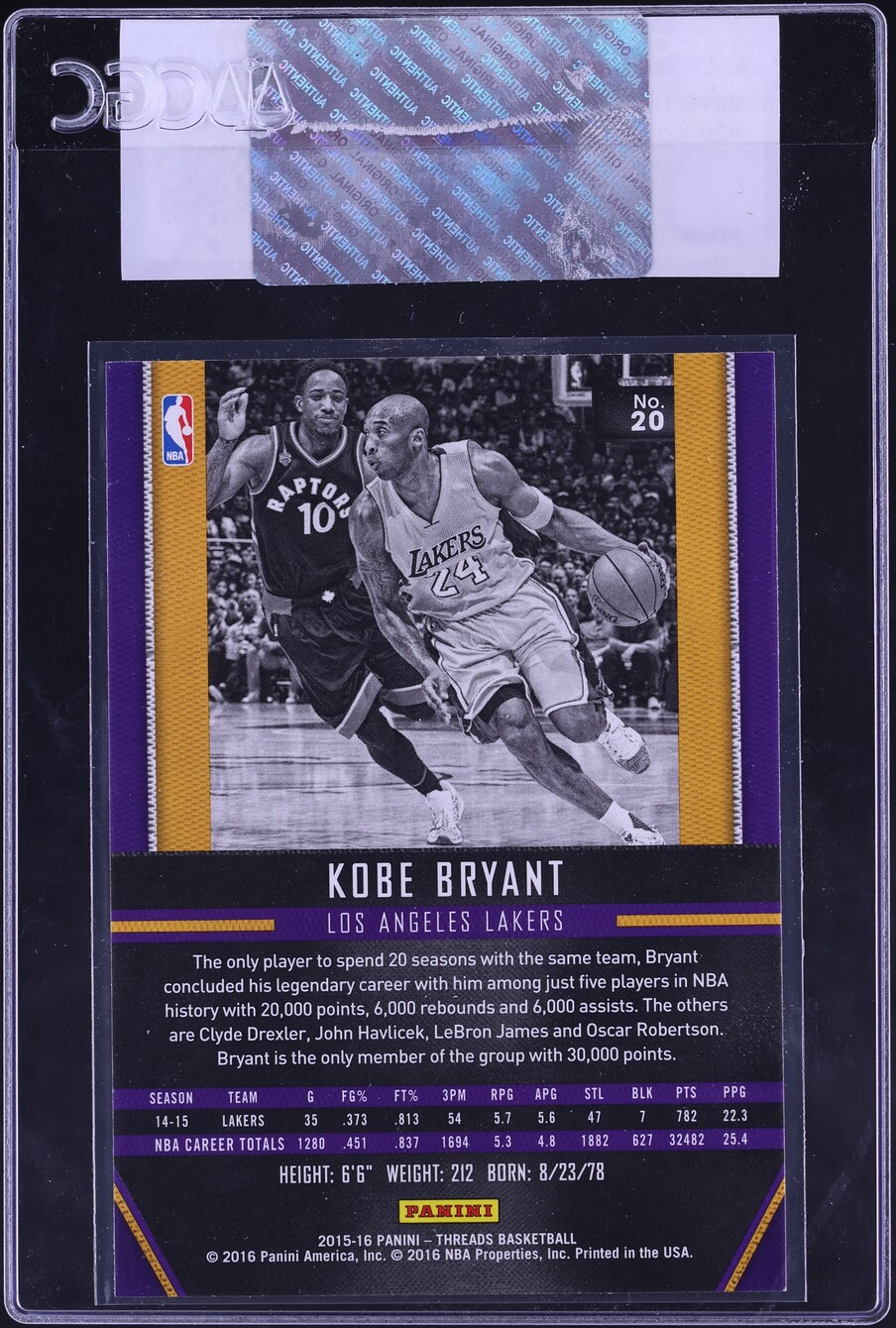 2015 Panini Threads Kobe Bryant #20 CGC AUTH