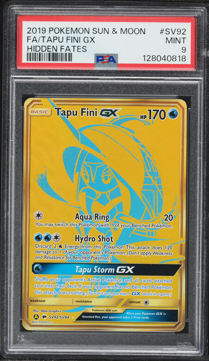 2019 Pokemon Sun & Moon Hidden Fates Gold Rare Tapu Fini GX #SV92 PSA 9 MINT