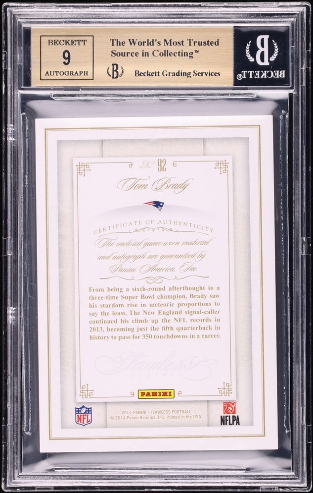2014 Panini Flawless Emerald Tom Brady PATCH AUTO 1/5 #92 BGS 9.5 GEM MINT