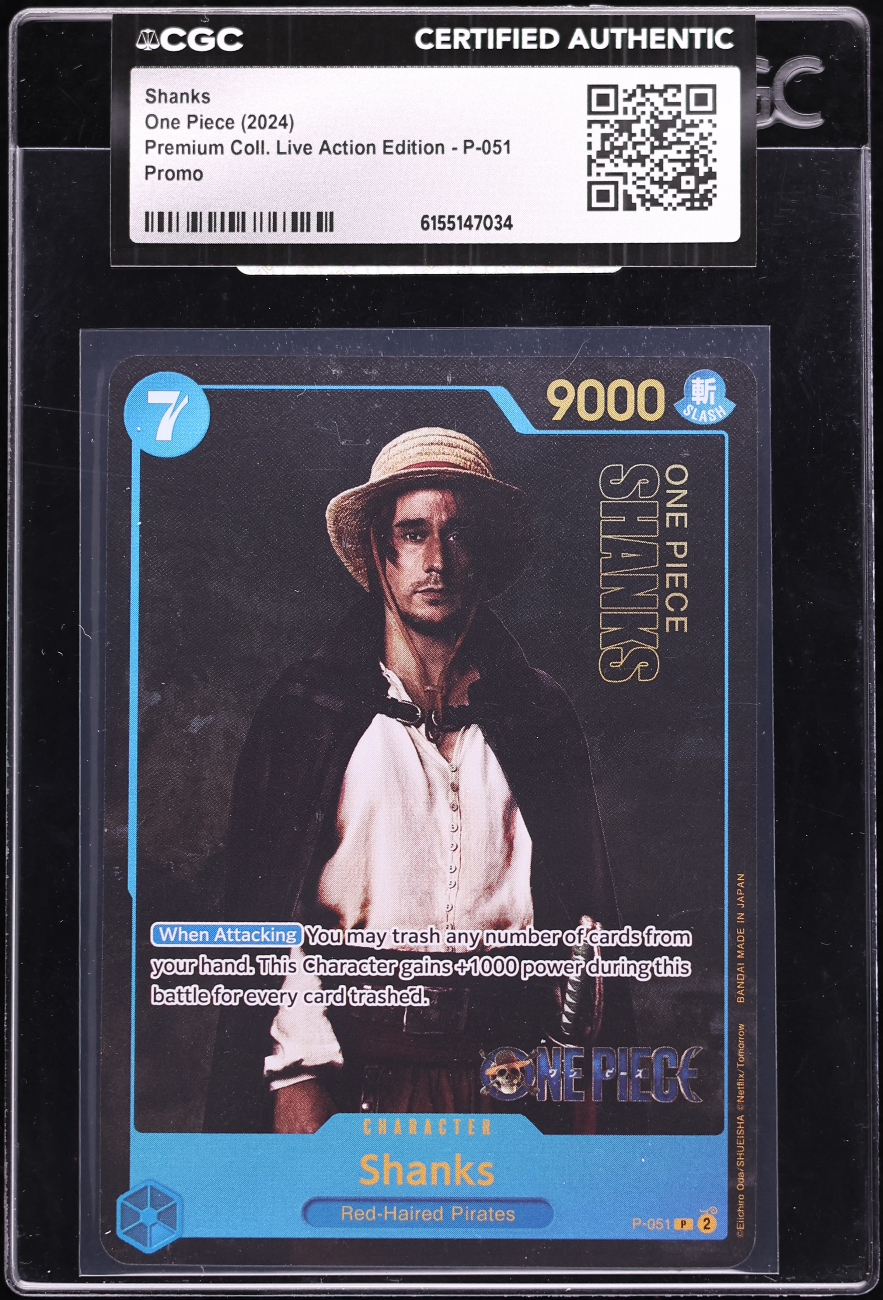 2024 One Piece Promo Premium Collection Live Action Edition Alt Art Shanks #P-051 CGC AUTH