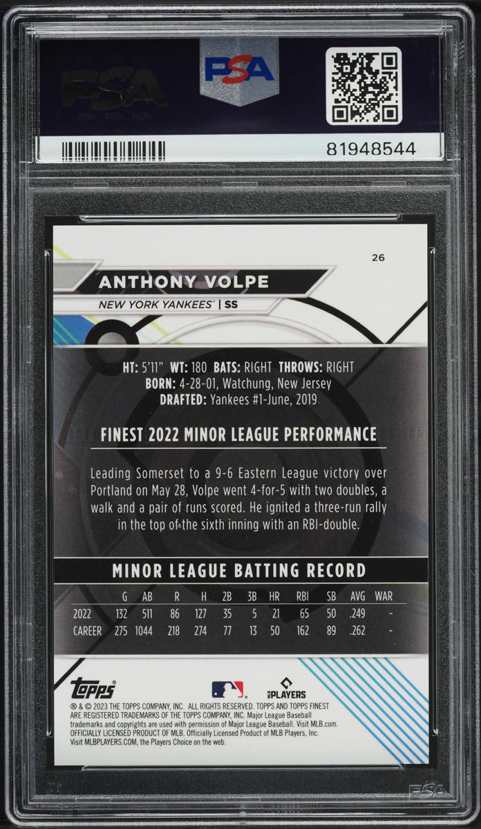 2023 Finest Green Lava Anthony Volpe ROOKIE /99 #26 PSA 9 MINT
