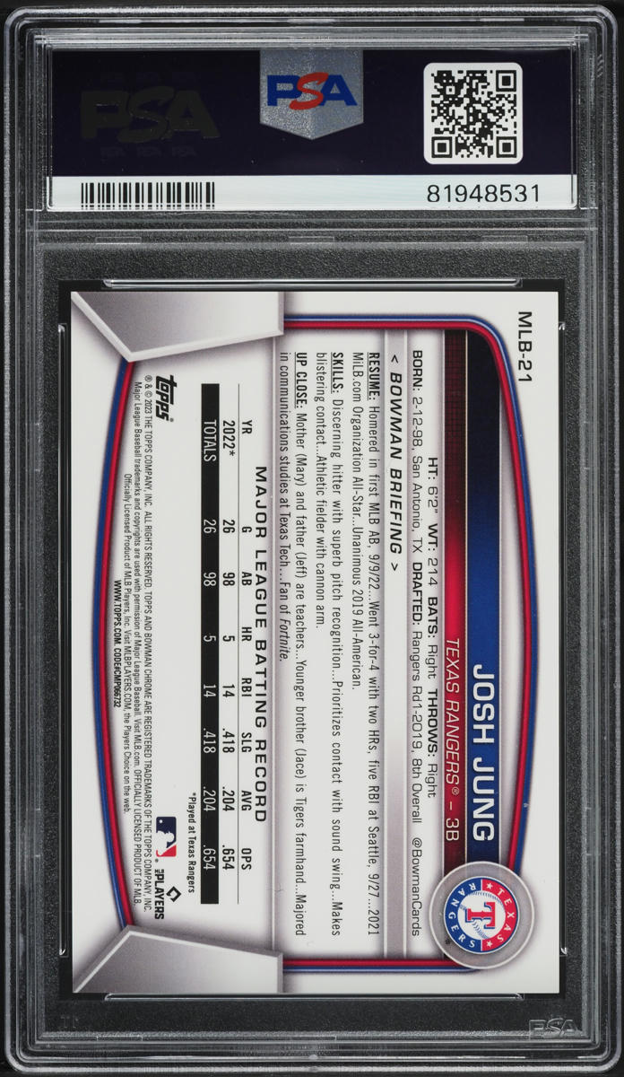 2023 Bowman Chrome National Convention Sparkle Josh Jung ROOKIE /99 #MLB21 PSA 9