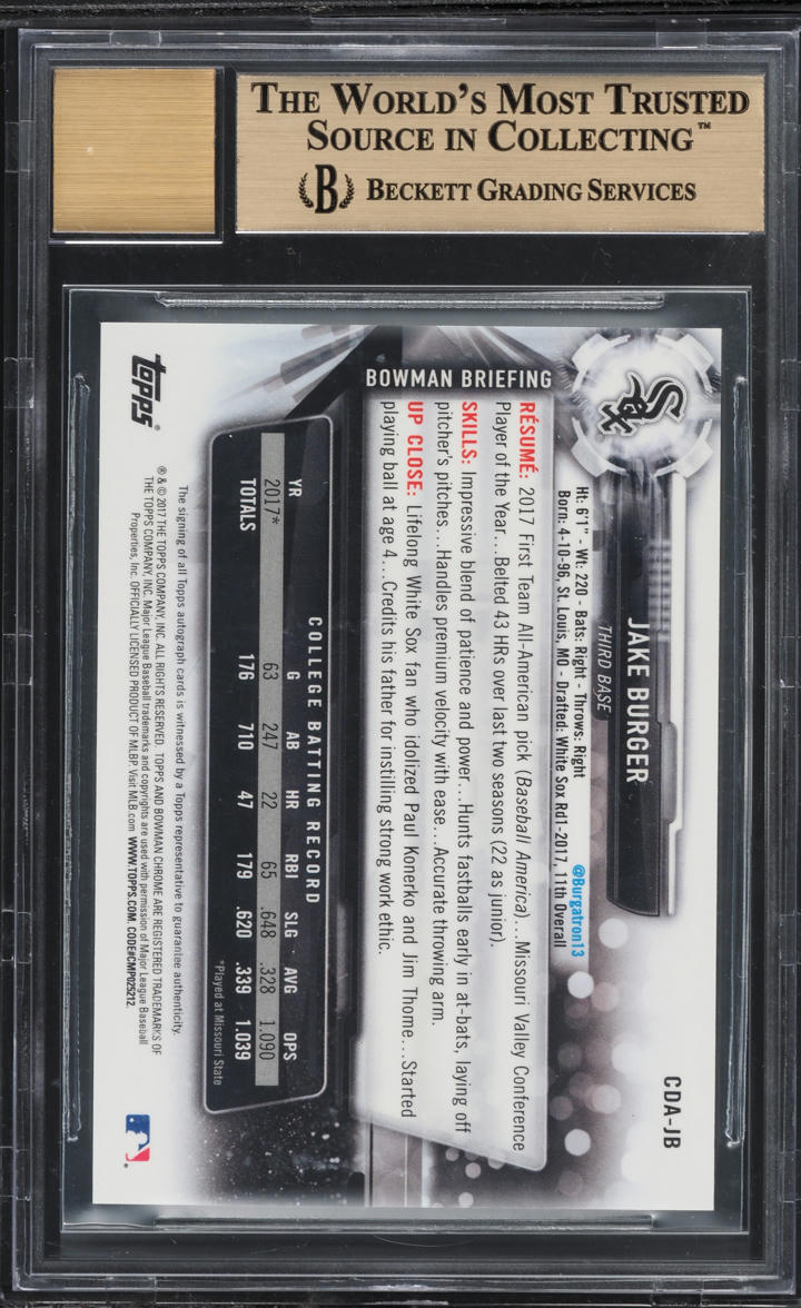 2017 Bowman Chrome Draft Jake Burger PROSPECT AUTO #CDAJB BGS 9.5 GEM MINT