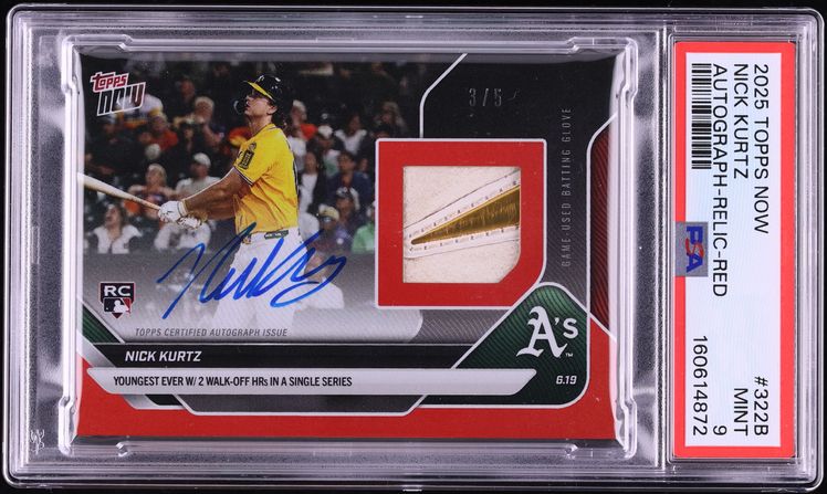 2025 Topps Now Red Nick Kurtz ROOKIE PATCH AUTO /5 #322B PSA 9 MINT