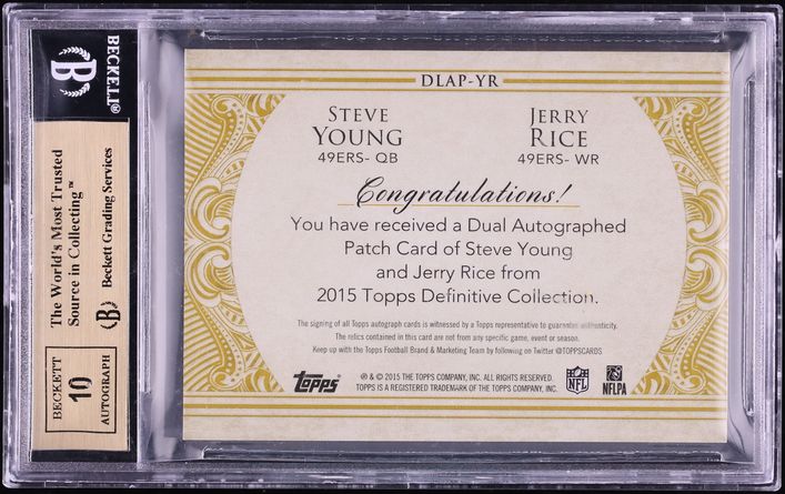 2015 Topps Definitive Collection Dual Steve Young Jerry Rice PATCH AUTO /10 #DLAP-YR BGS 9.5 - Photo 2