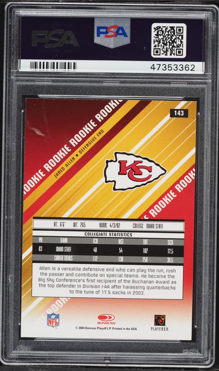 2004 Leaf Rookies & Stars Jared Allen ROOKIE #143 PSA 9 MINT