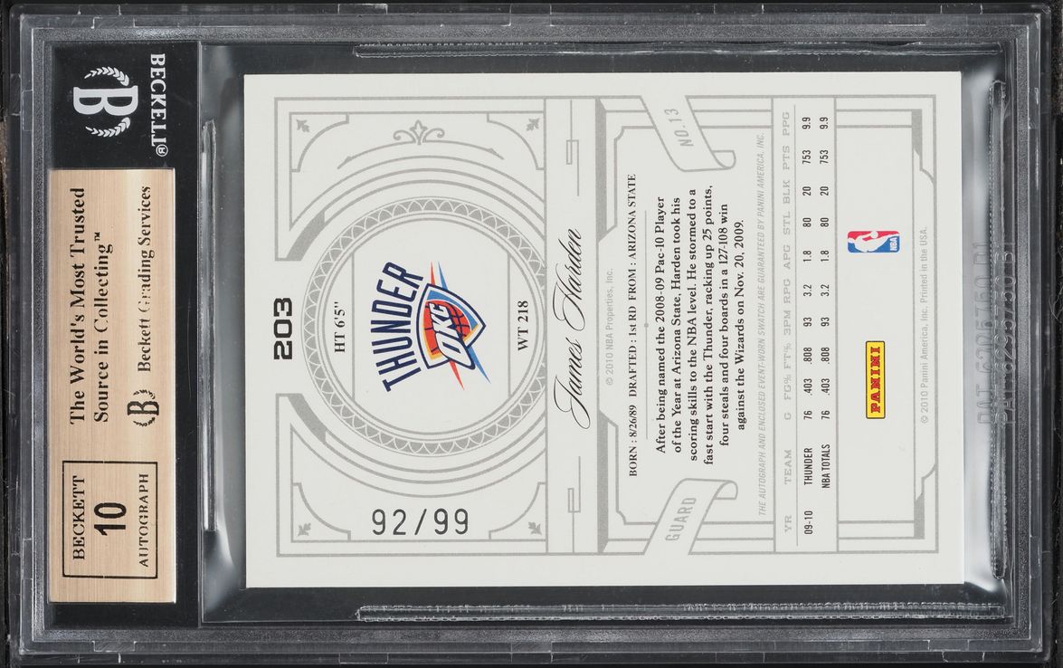 2009 National Treasures James Harden ROOKIE PATCH AUTO /99 #203 BGS 9.5 GEM MINT