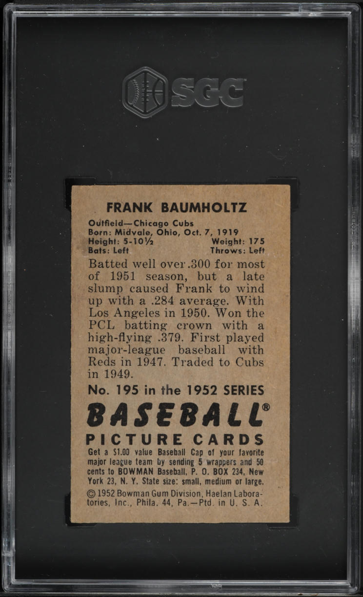1952 Bowman Frank Baumholtz #195 SGC 5 EX