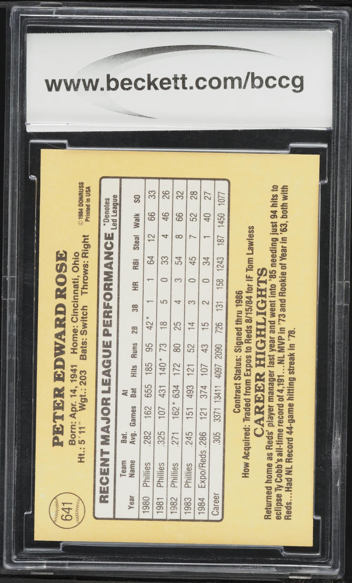 1985 Donruss Pete Rose #641 BCCG 10