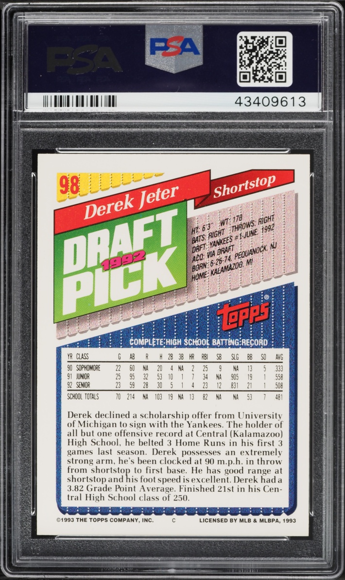 1993 Topps Derek Jeter ROOKIE #98 PSA 9 MINT
