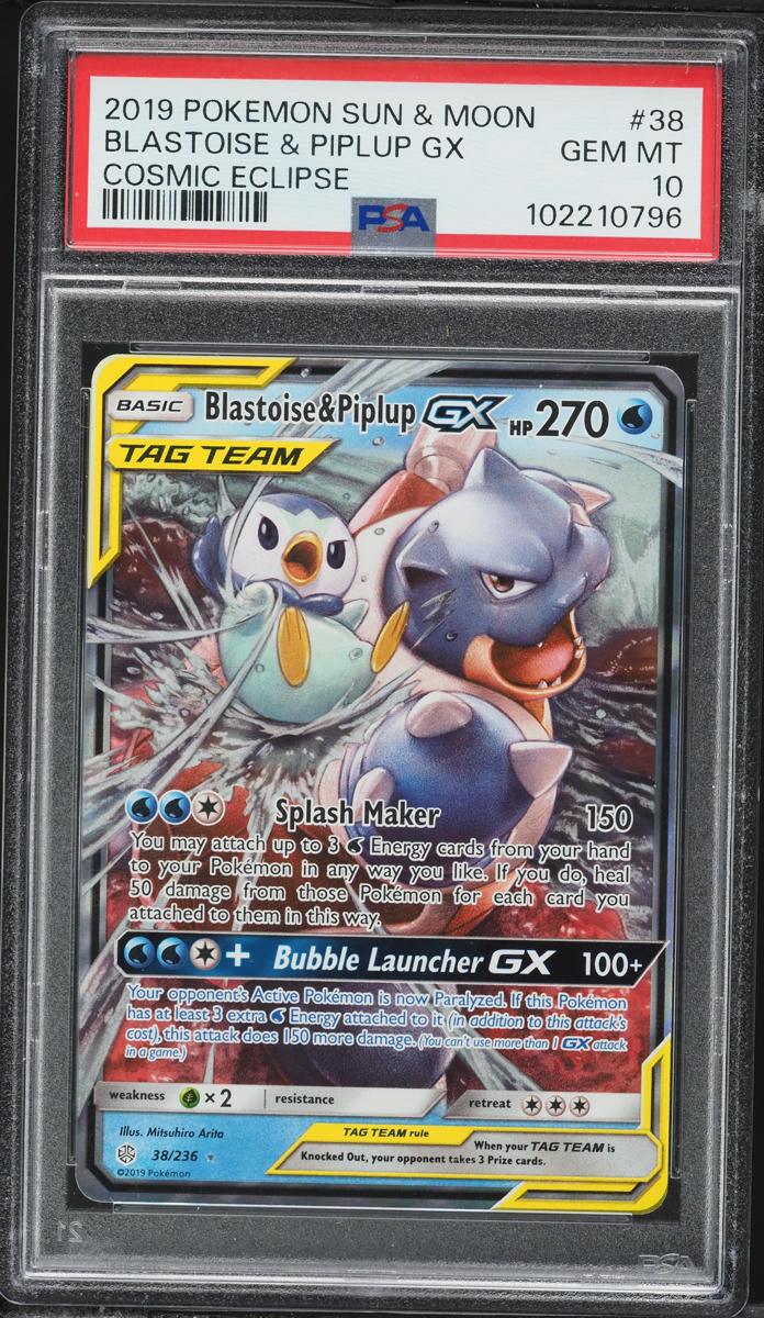 2019 Pokemon Sun & Moon Cosmic Eclipse Holo Blastoise & Piplup GX #38 PSA 10 GEM MINT