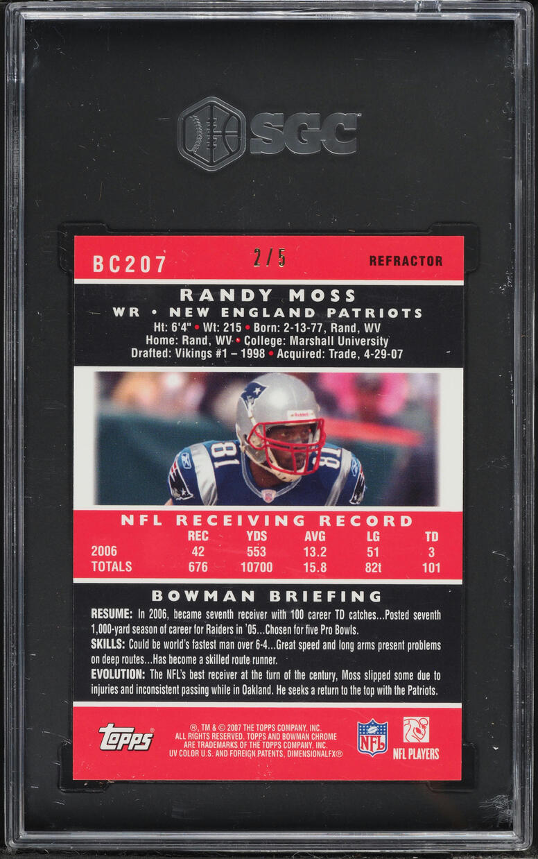 2007 Bowman Chrome Red Refractor Randy Moss /5 #BC207 SGC 10 GEM MINT - Photo 2