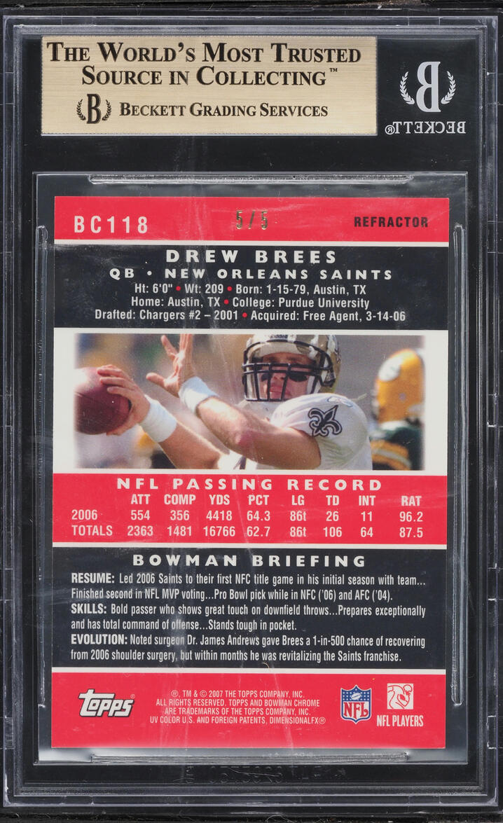 2007 Bowman Chrome Red Refractor Drew Brees 5/5 #BC118 BGS 9.5 GEM MINT - Photo 2