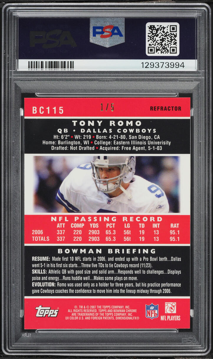 2007 Bowman Chrome Red Refractor Tony Romo 1/5 #BC115 PSA 8 NM-MT - Photo 2