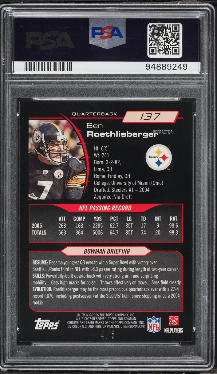 2006 Bowman Chrome Red Refractor Ben Roethlisberger /5 #137 PSA 8 NM-MT - Photo 2